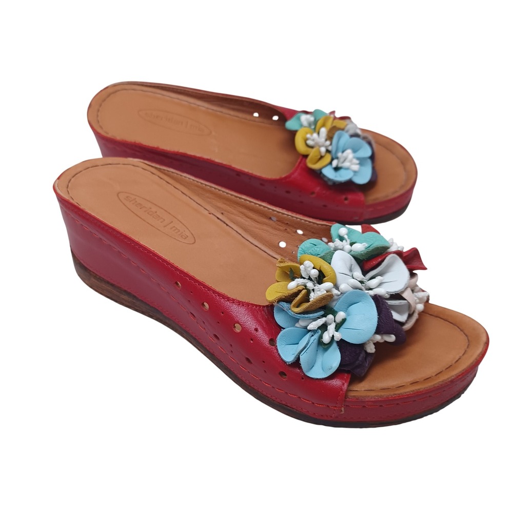 Sheridan Mia Red Leather Floral Wedge Sandals Womens Slides Multi Color Flowers
